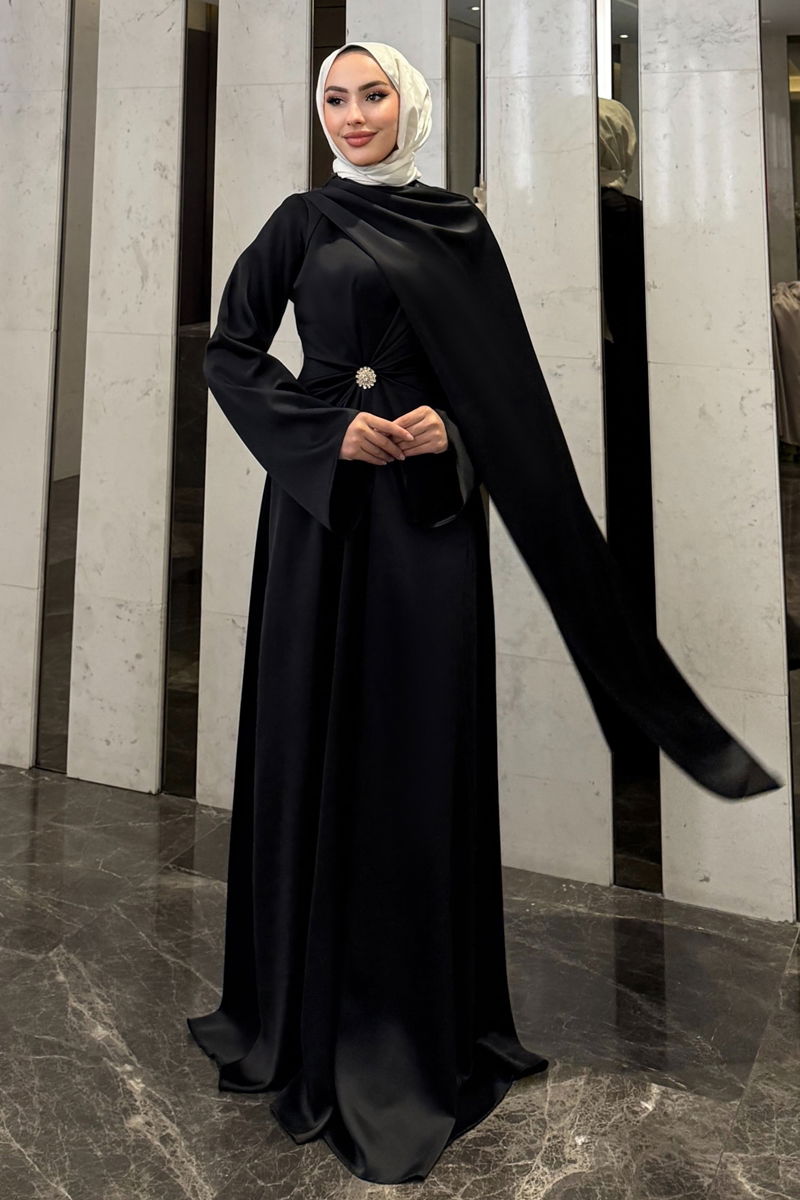 Evening Dress Black Modest Belted Formal Wear Gown