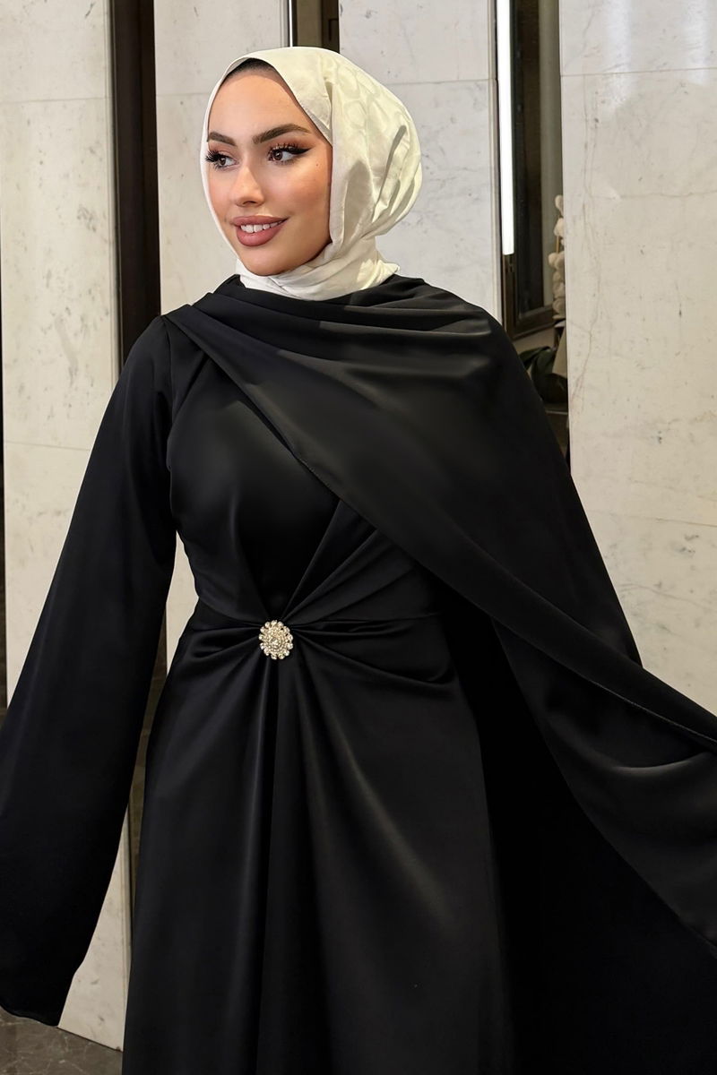 Evening Dress Black Modest Belted Formal Wear Gown