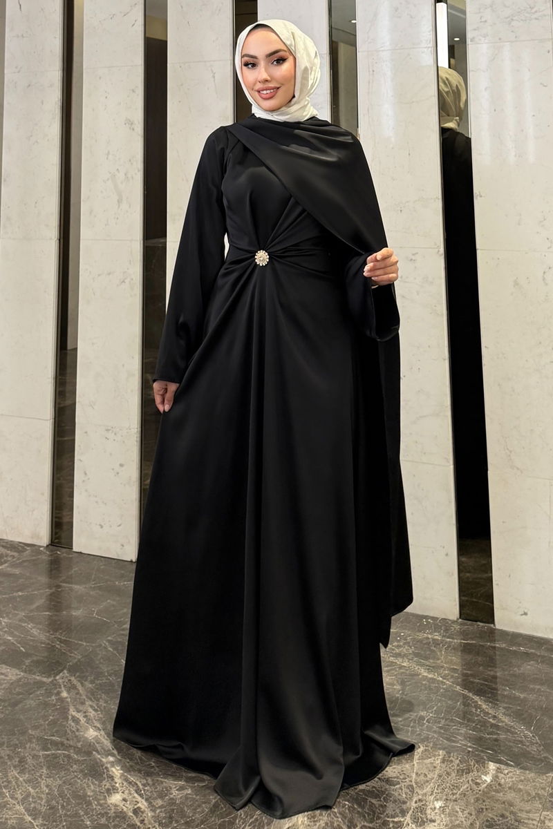 Evening Dress Black Modest Belted Formal Wear Gown