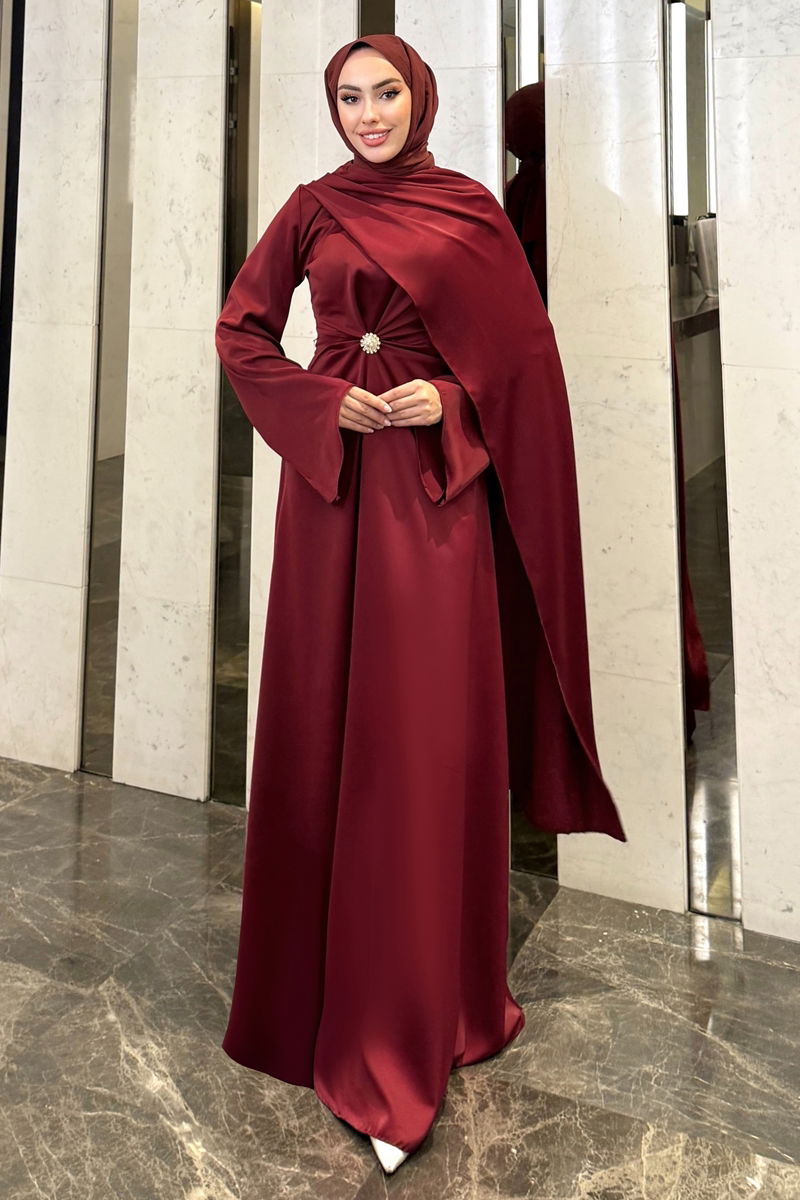 Evening Dress Burgundy Belted Modest Abaya 4664ALGK1170