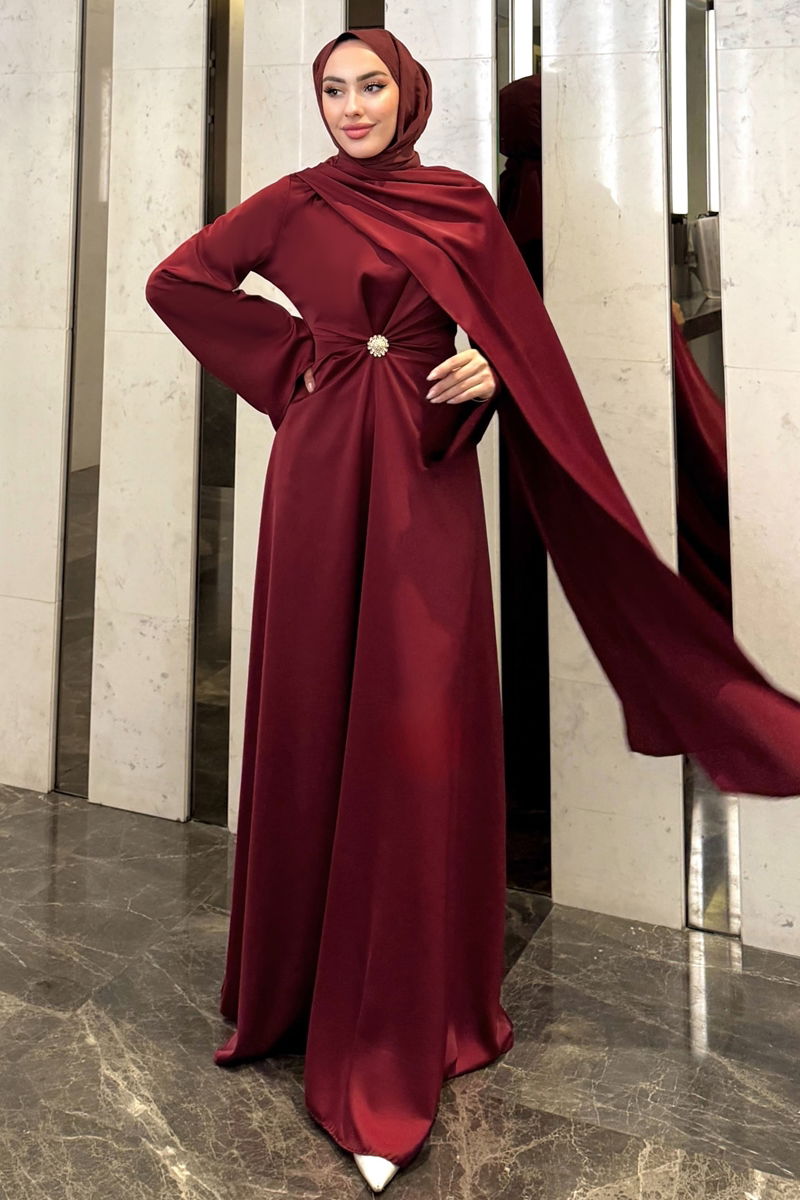 Evening Dress Burgundy Belted Modest Abaya 4664ALGK1170