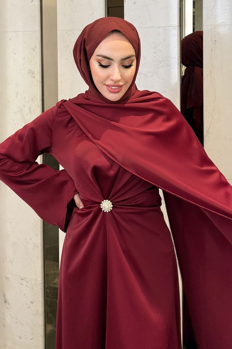 Evening Dress Burgundy Belted Modest Abaya 4664ALGK1170