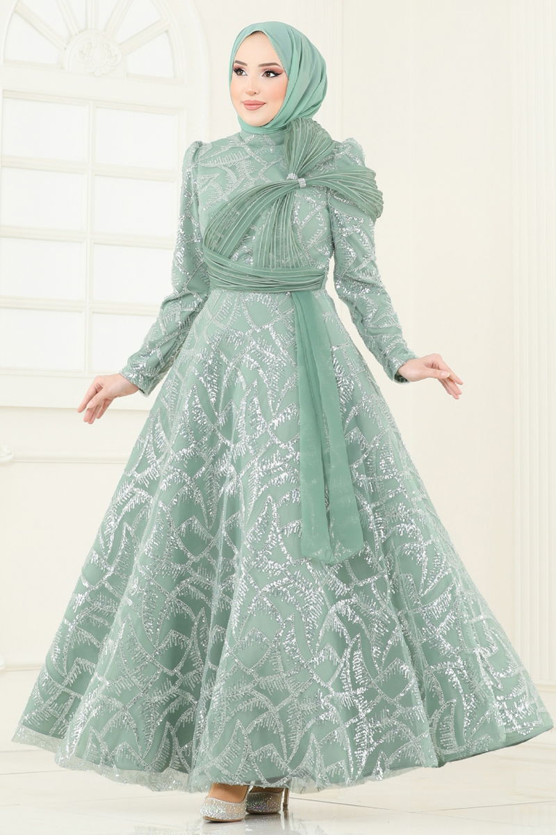 Evening Dress - Water Green Belted Modest Fashion