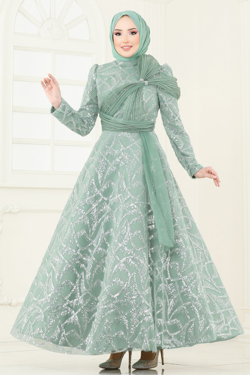 Evening Dress - Water Green Belted Modest Fashion