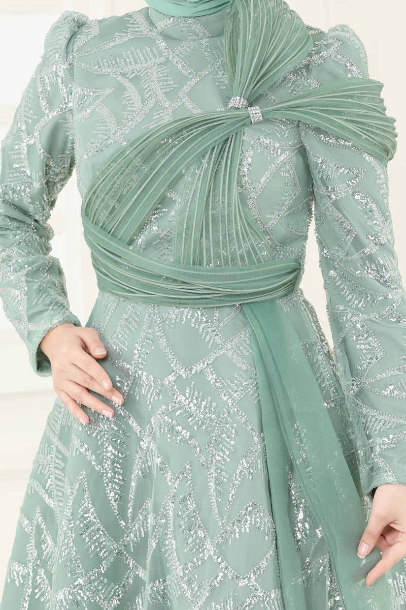 Evening Dress - Water Green Belted Modest Fashion