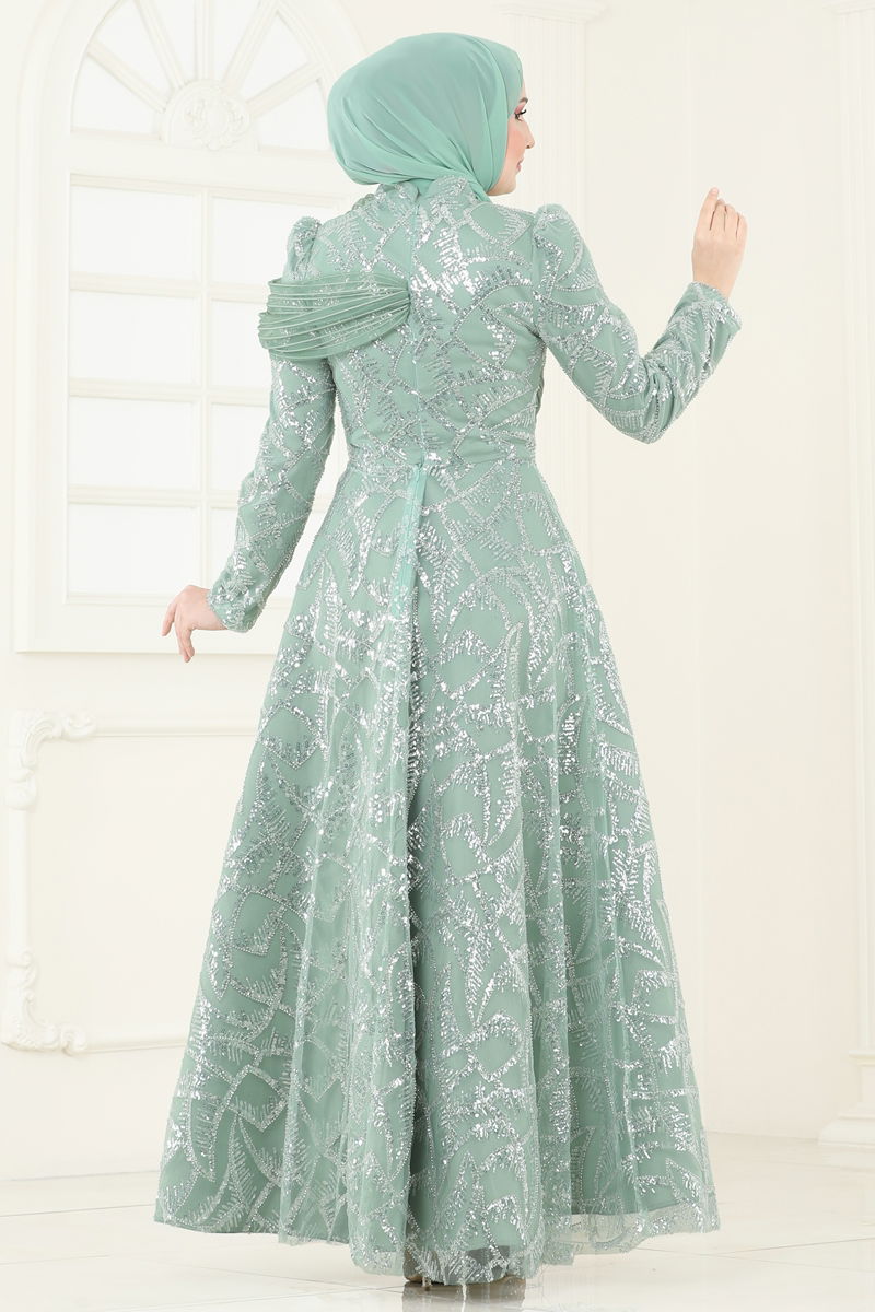 Evening Dress - Water Green Belted Modest Fashion
