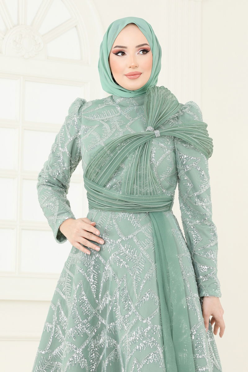 Evening Dress - Water Green Belted Modest Fashion