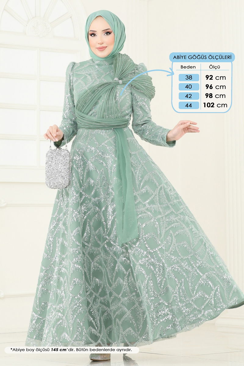 Evening Dress - Water Green Belted Modest Fashion
