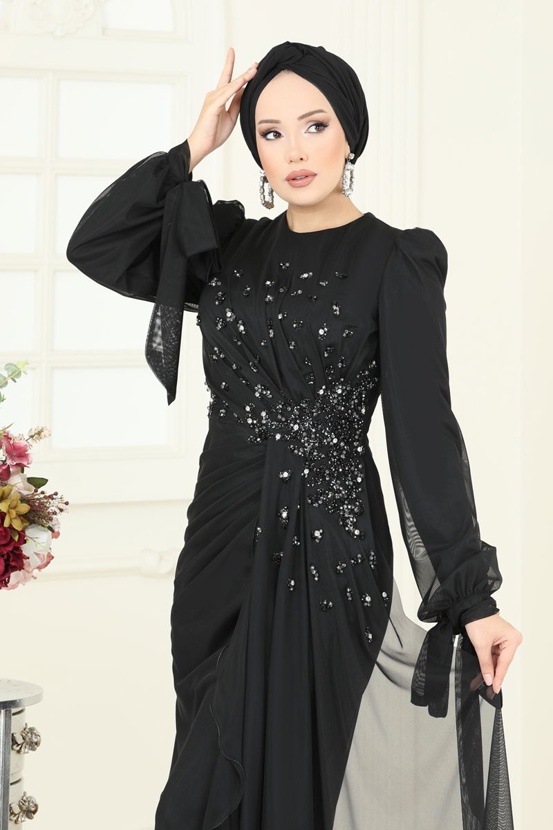 Evening Dress Black Patterned Modest Long Sleeve 5349DMK1166