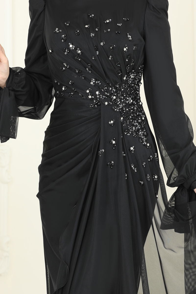 Evening Dress Black Patterned Modest Long Sleeve 5349DMK1166