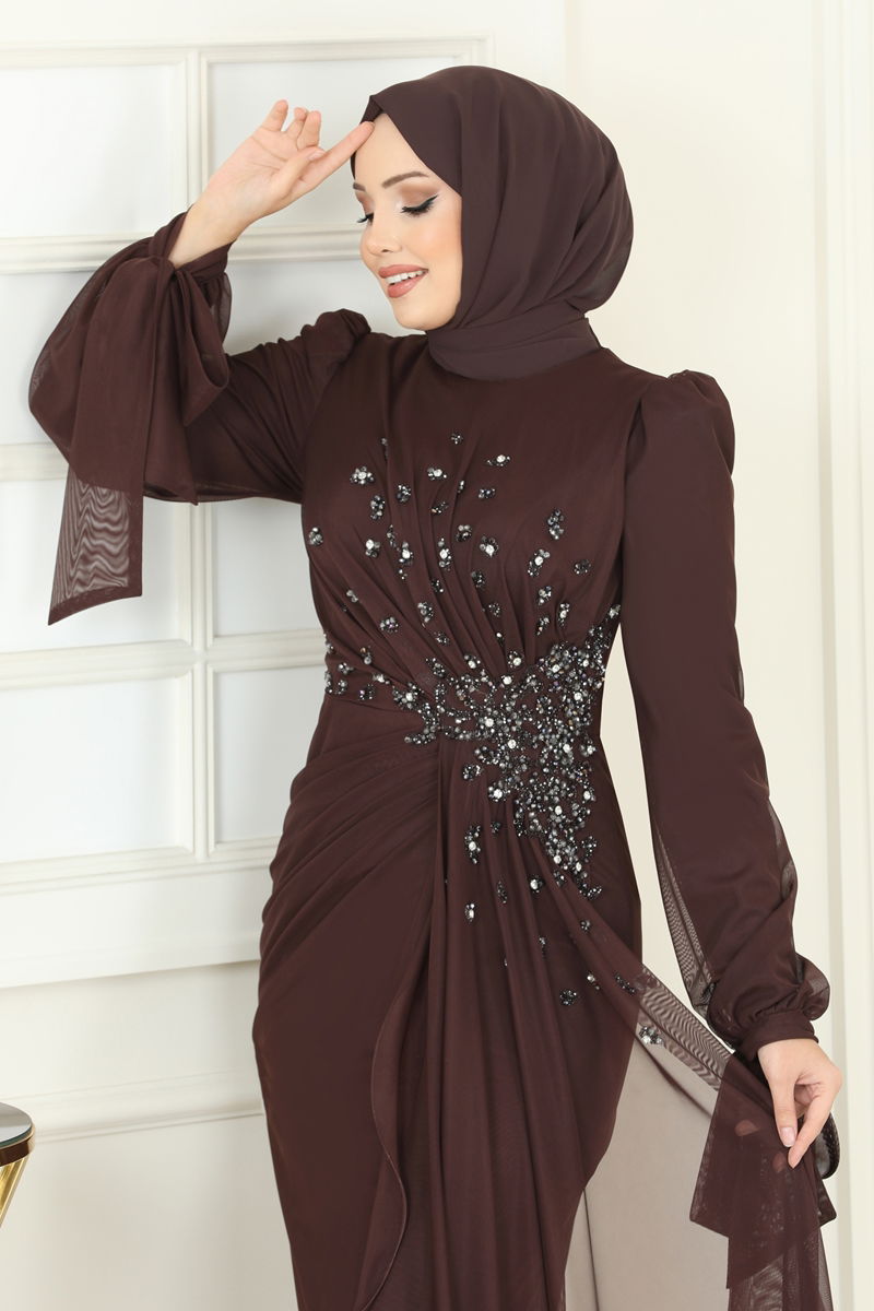 Evening Dress Brown Modest Chiffon Belted Design