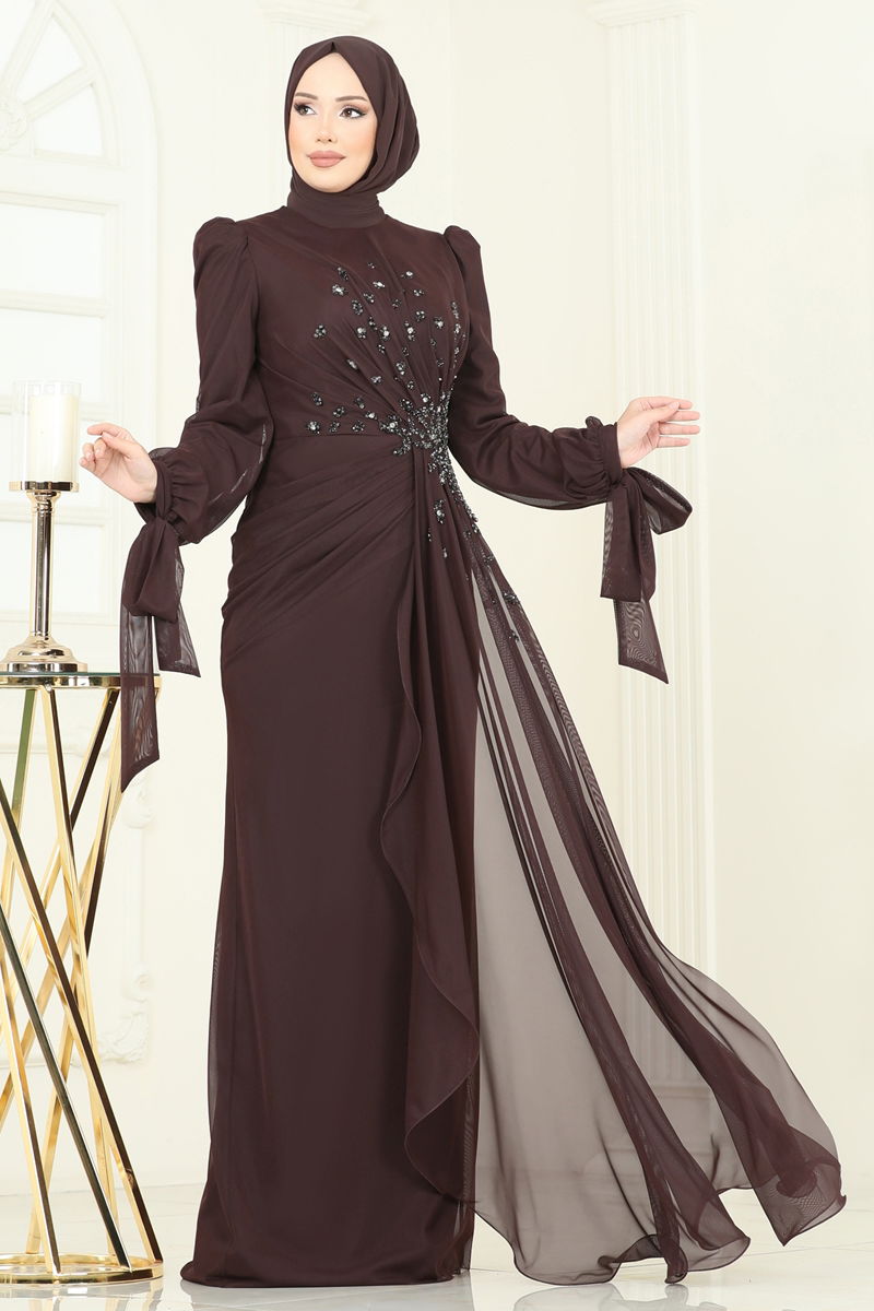 Evening Dress Brown Modest Chiffon Belted Design