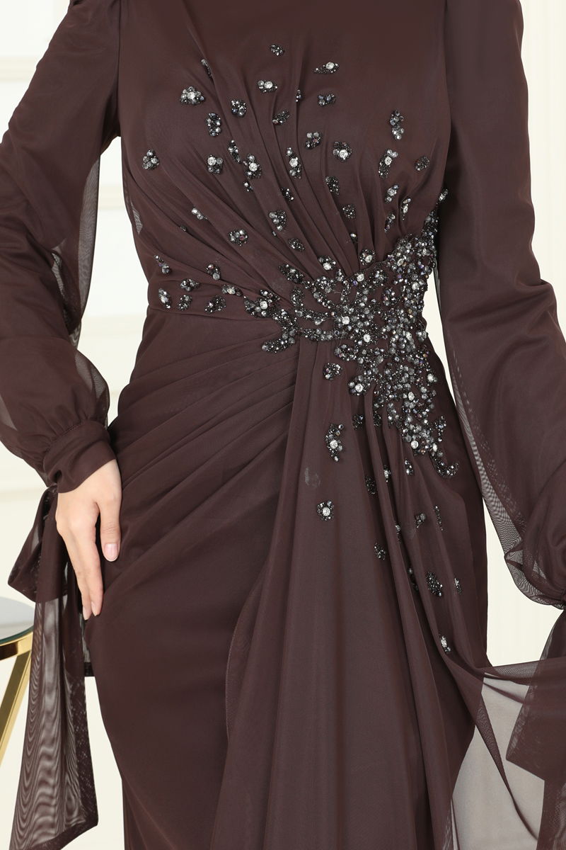 Evening Dress Brown Modest Chiffon Belted Design