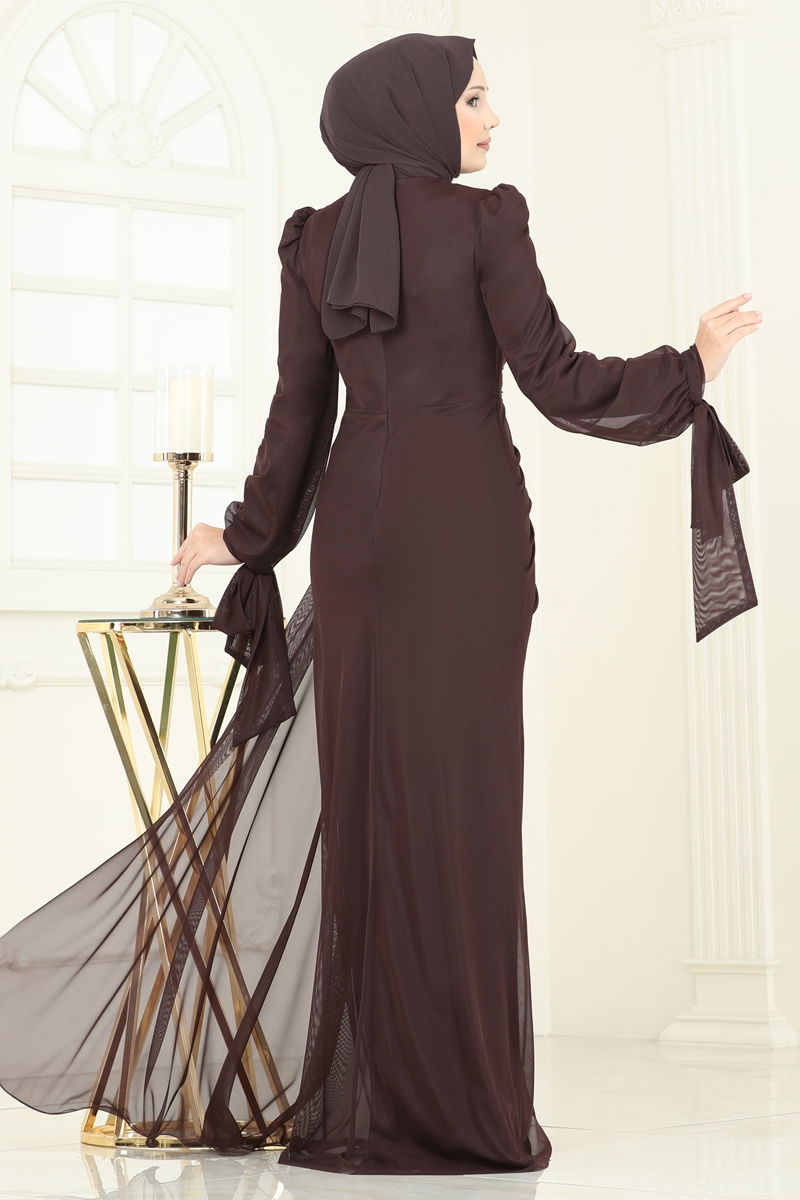 Evening Dress Brown Modest Chiffon Belted Design