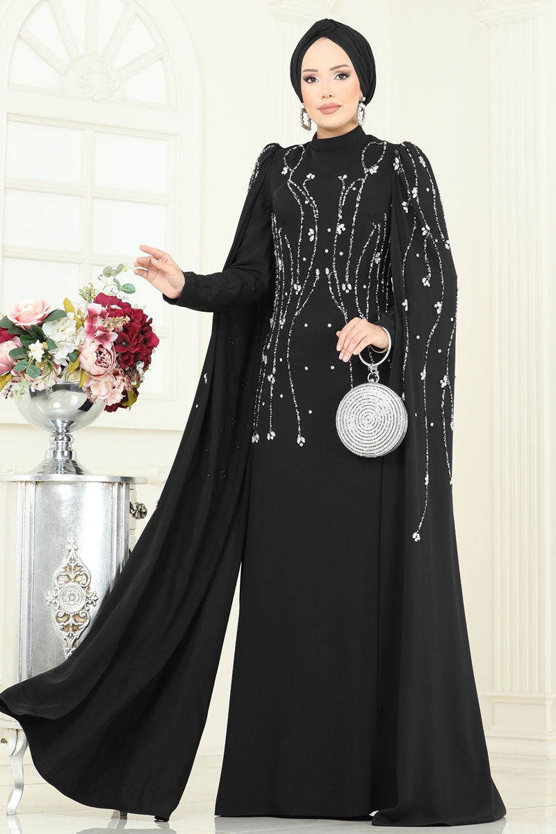 Evening Dress Black Belted Modest Taffeta (70 Char Max)