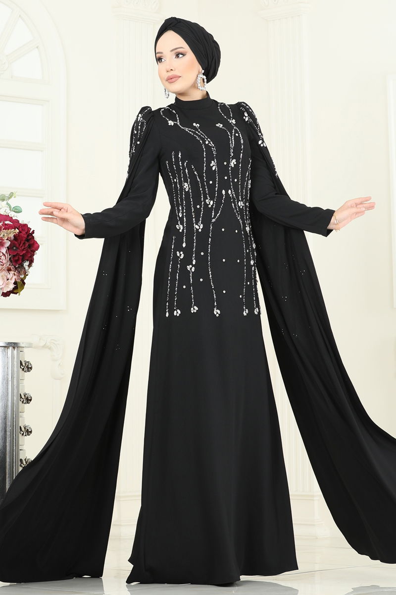 Evening Dress Black Belted Modest Taffeta (70 Char Max)