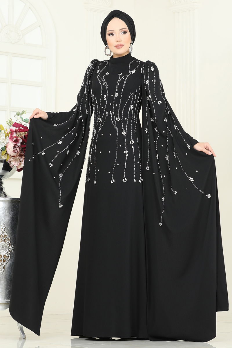 Evening Dress Black Belted Modest Taffeta (70 Char Max)