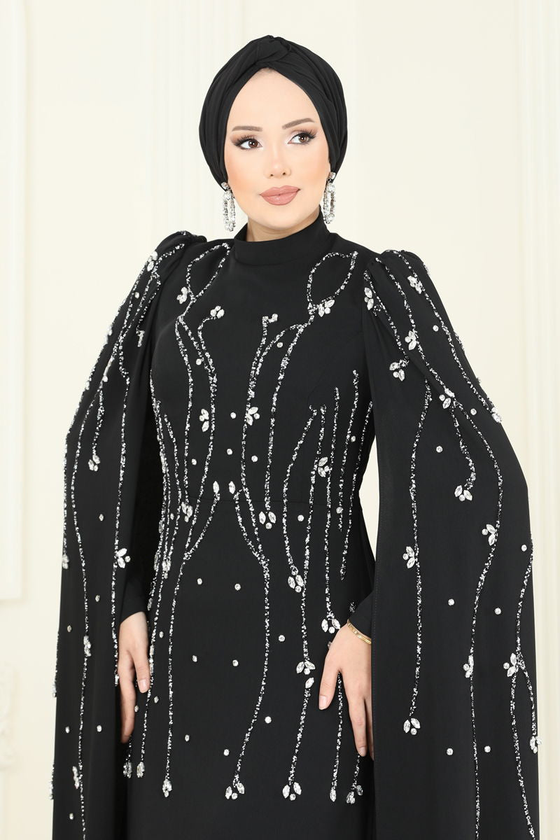 Evening Dress Black Belted Modest Taffeta (70 Char Max)