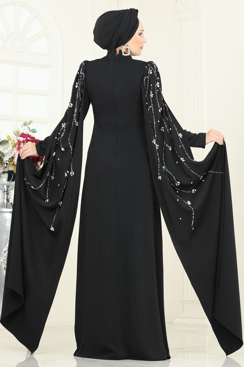 Evening Dress Black Belted Modest Taffeta (70 Char Max)