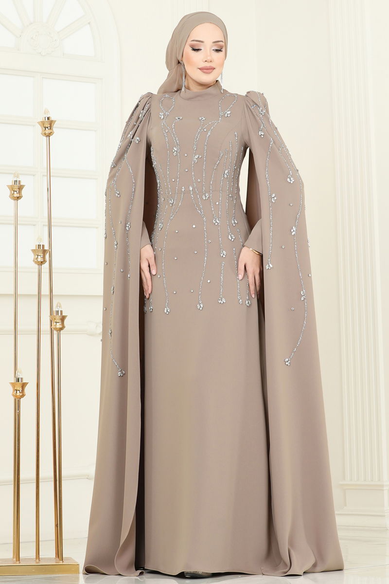 Evening Dress Brown Belted Modest Fashion Taffeta