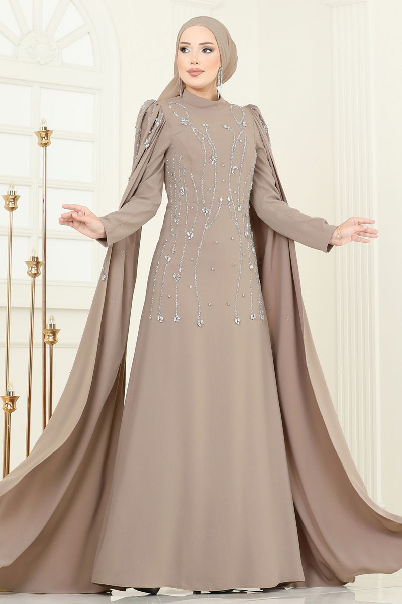 Evening Dress Brown Belted Modest Fashion Taffeta