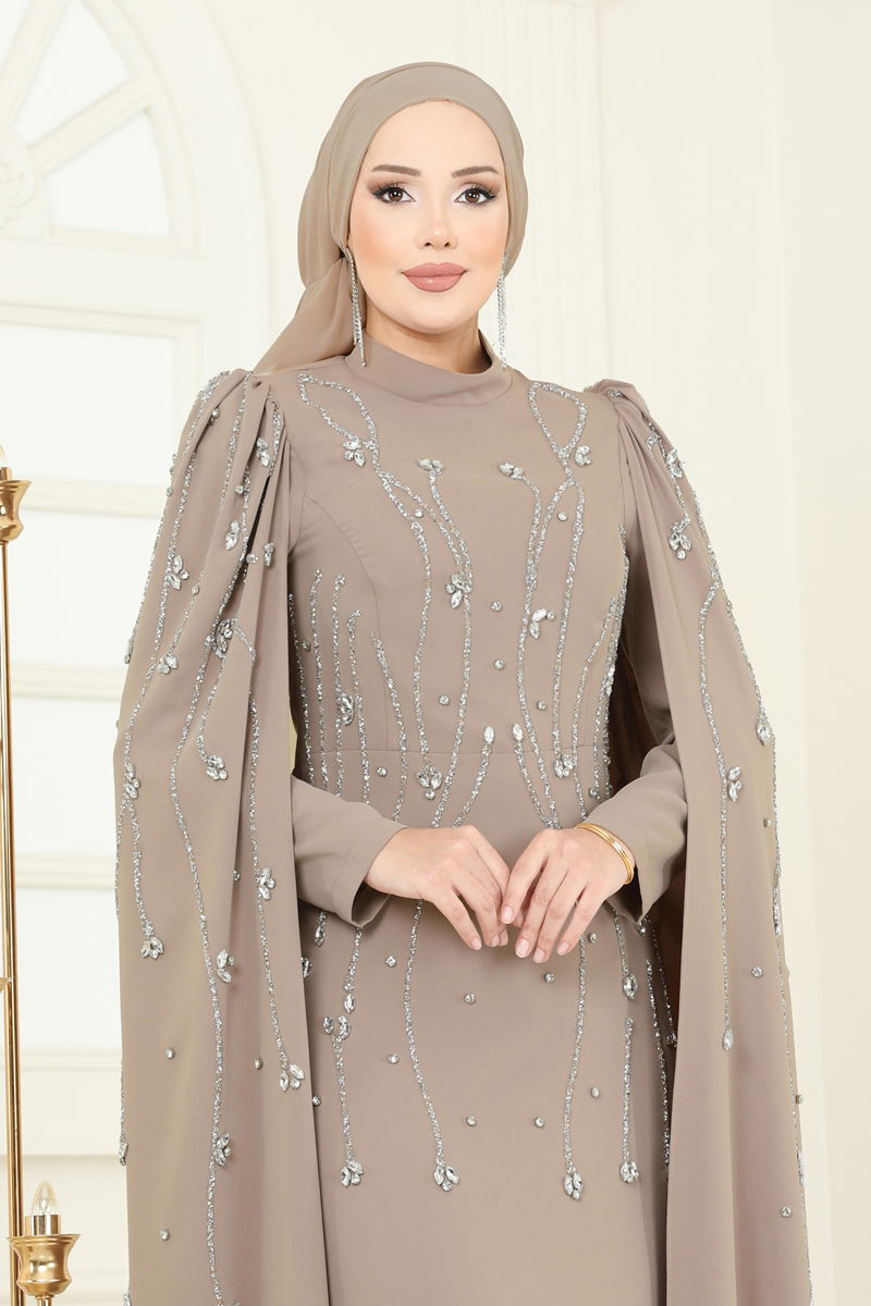 Evening Dress Brown Belted Modest Fashion Taffeta