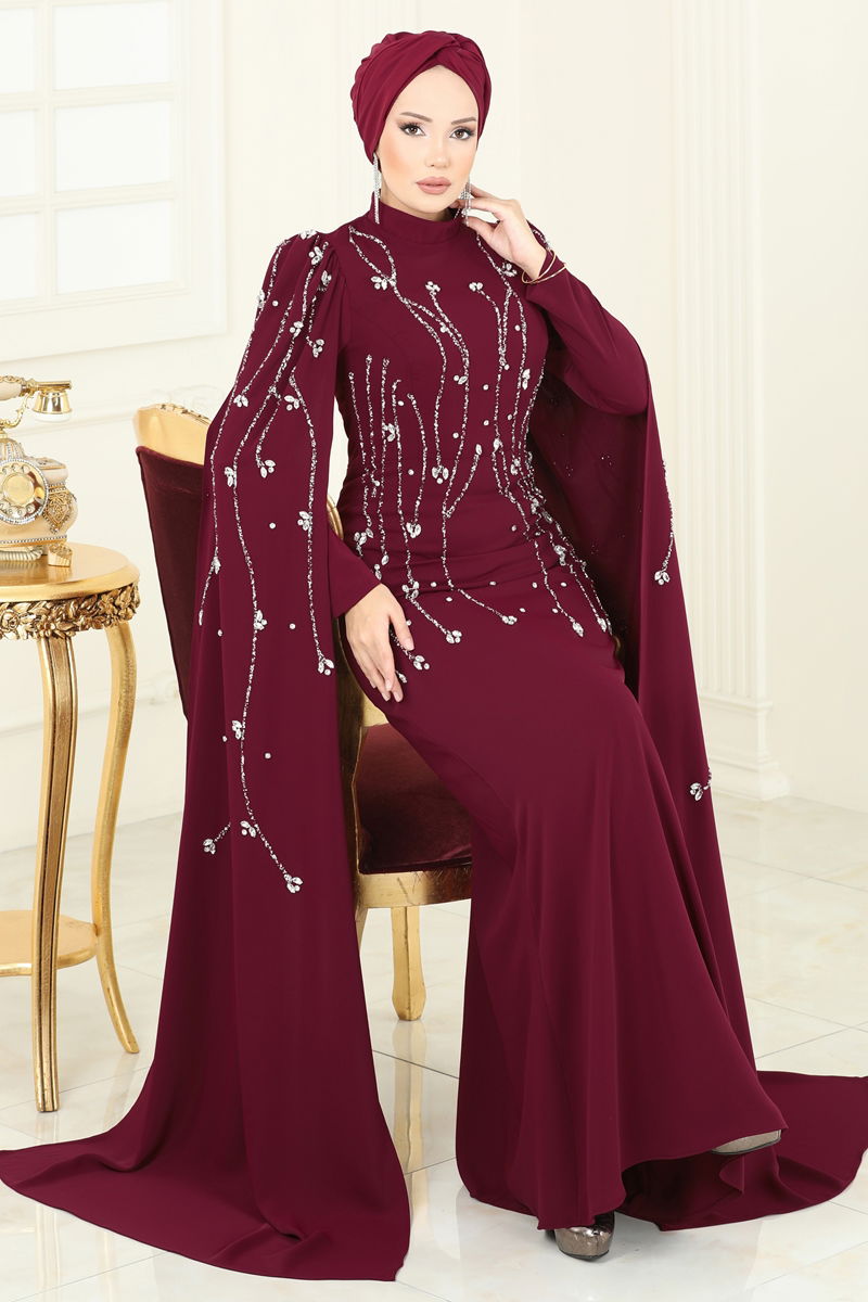 Evening Dress Burgundy Belted Modest Dress 5370