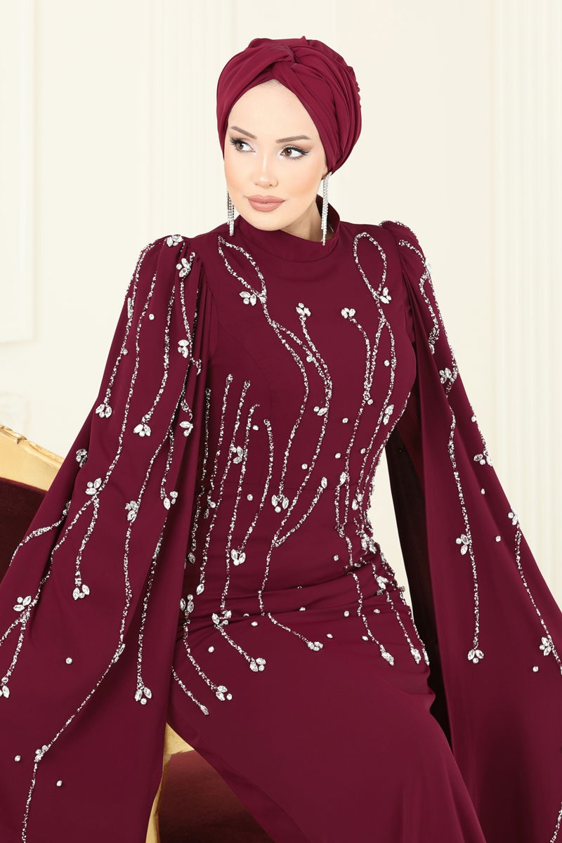 Evening Dress Burgundy Belted Modest Dress 5370