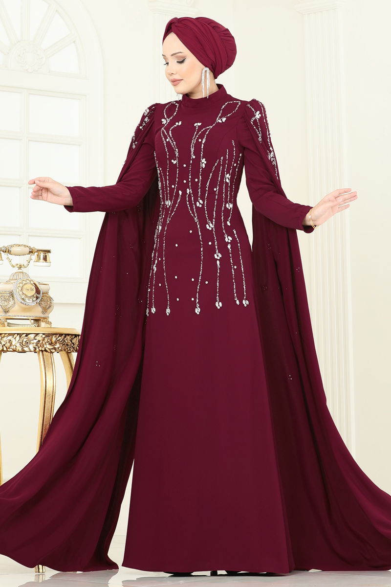 Evening Dress Burgundy Belted Modest Dress 5370