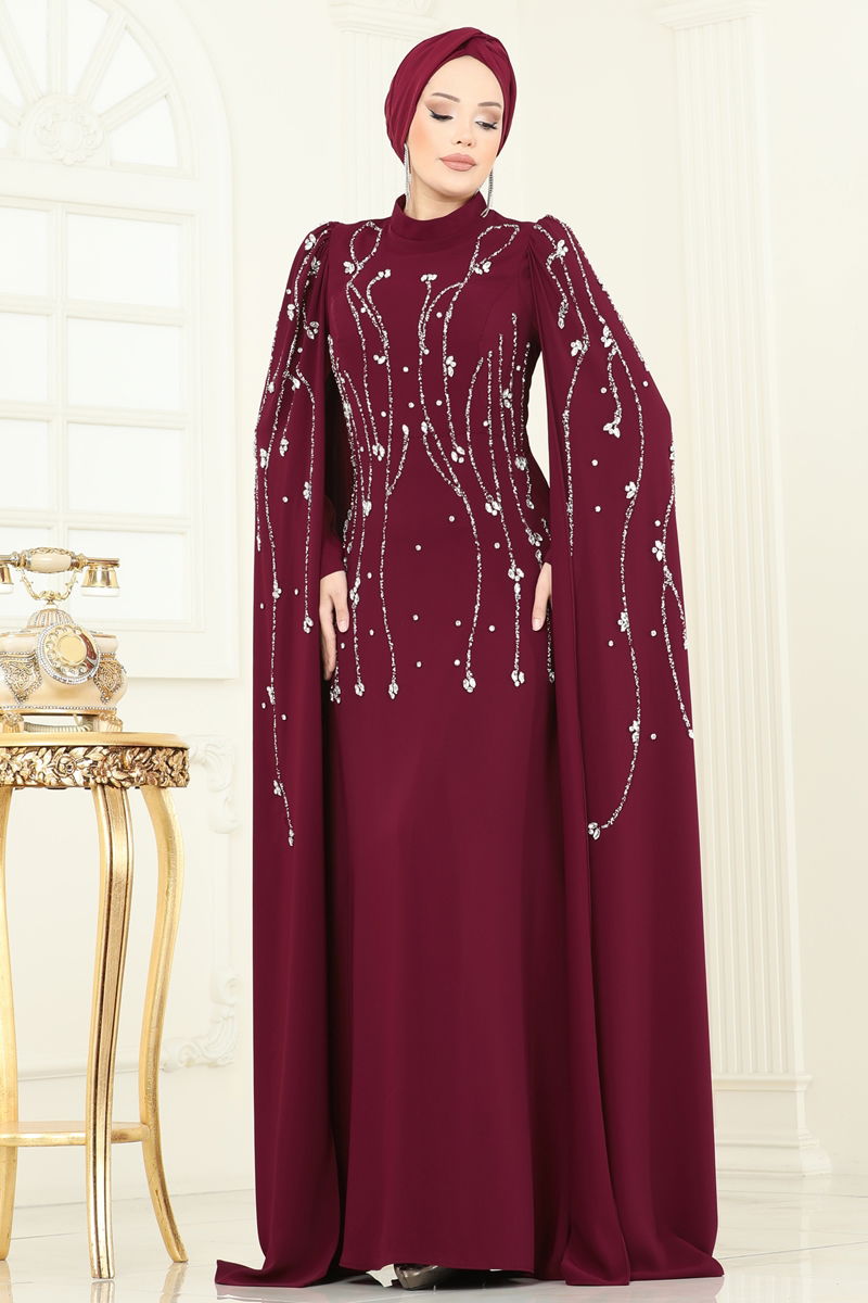 Evening Dress Burgundy Belted Modest Dress 5370