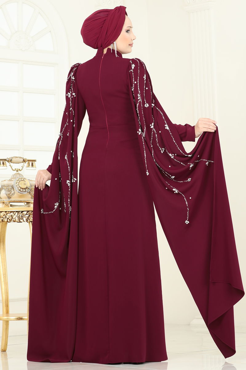 Evening Dress Burgundy Belted Modest Dress 5370