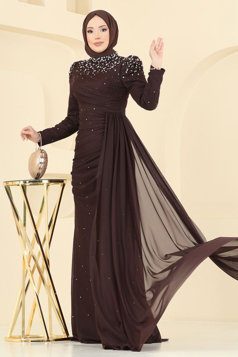 Evening Dress - Brown Belted Modest Abaya