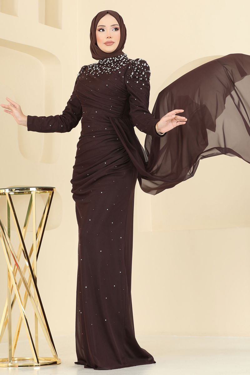 Evening Dress - Brown Belted Modest Abaya