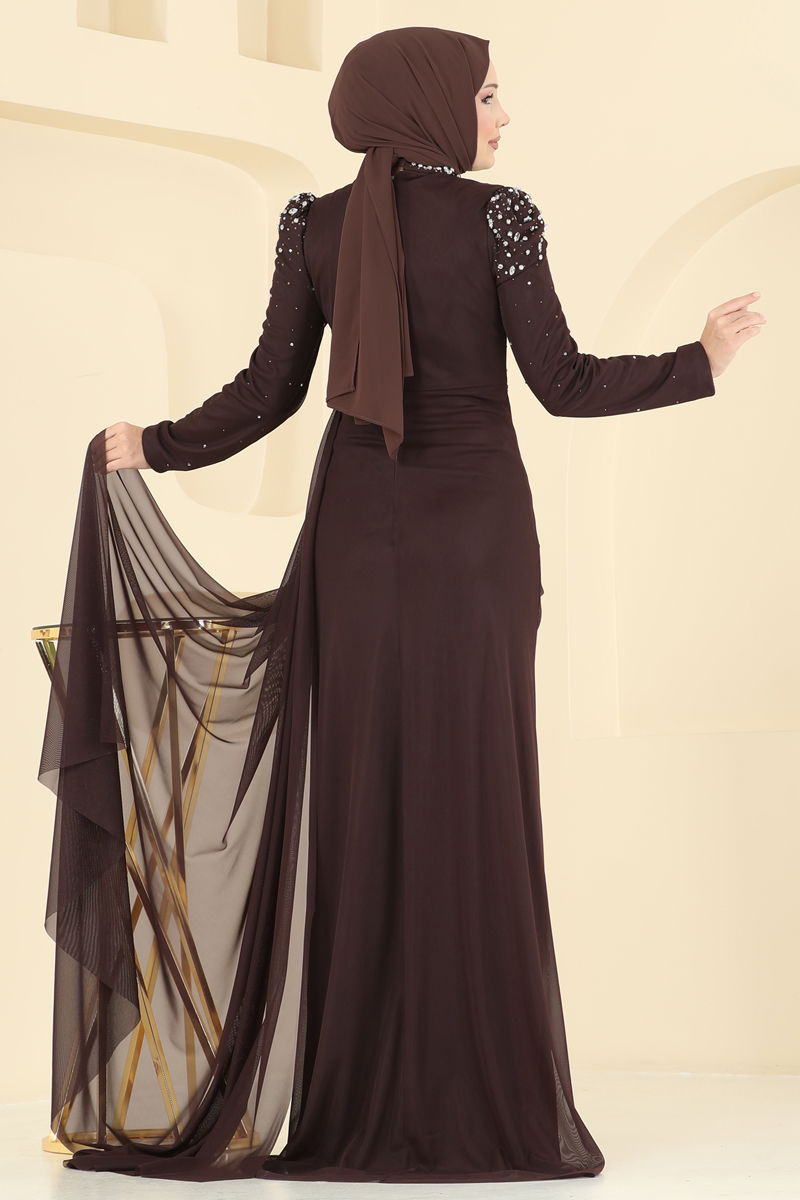 Evening Dress - Brown Belted Modest Abaya
