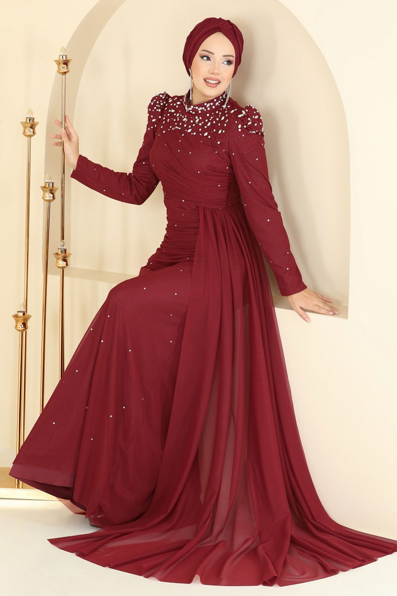 Evening Dress Burgundy Belted Modest Fashion