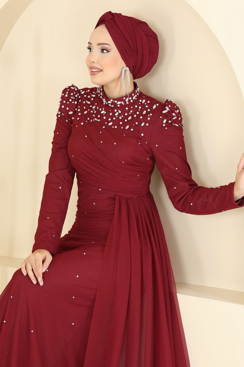 Evening Dress Burgundy Belted Modest Fashion
