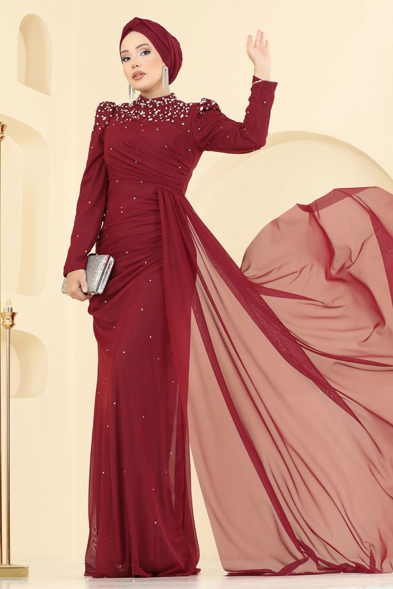Evening Dress Burgundy Belted Modest Fashion