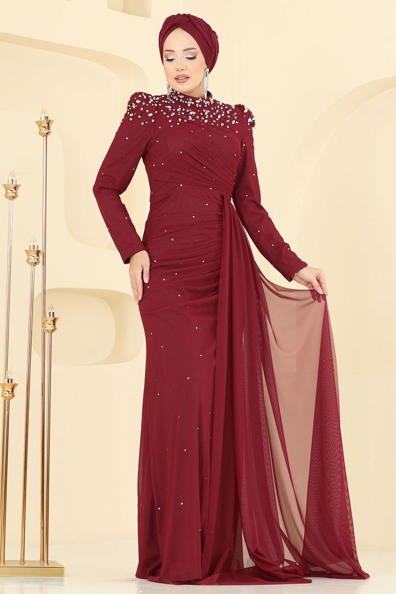 Evening Dress Burgundy Belted Modest Fashion