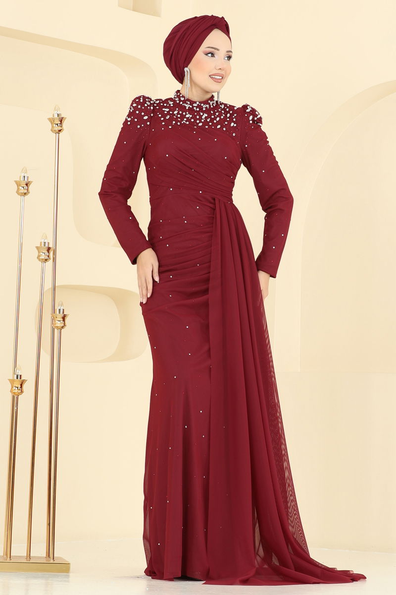 Evening Dress Burgundy Belted Modest Fashion