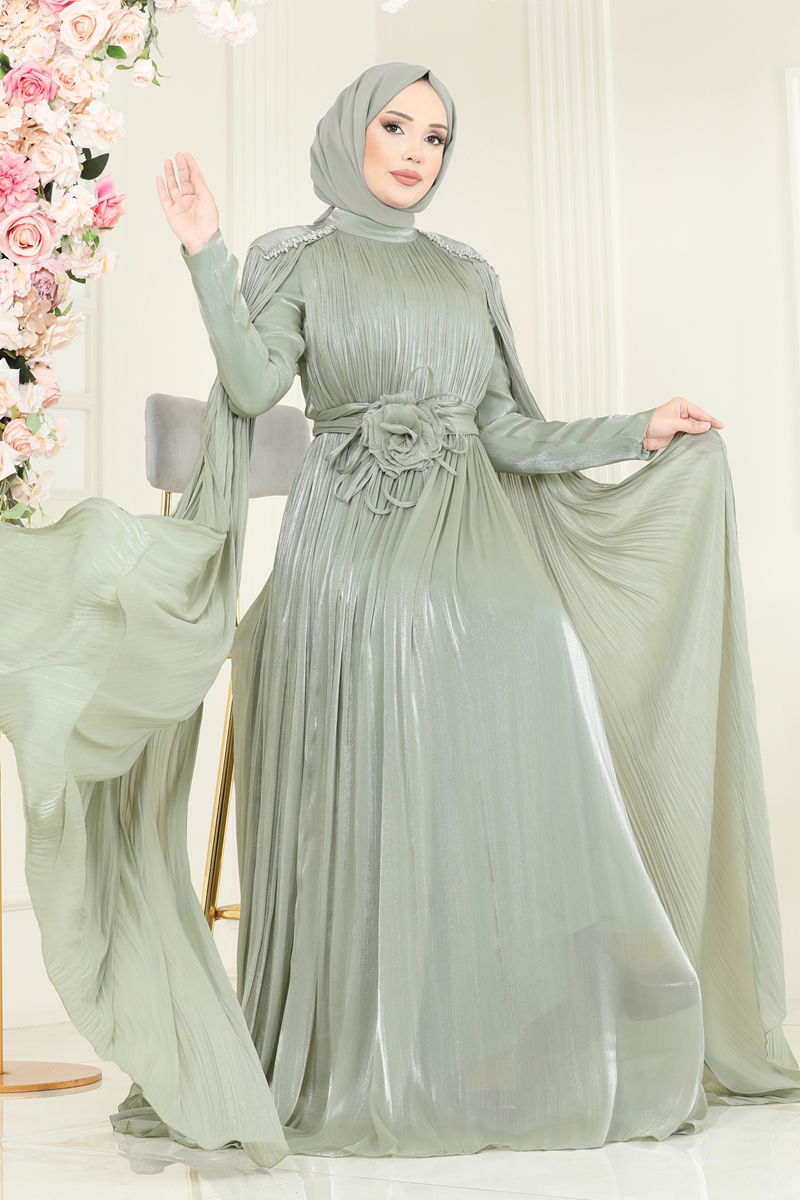 Evening Dress Almond Green Belted Modest Wear