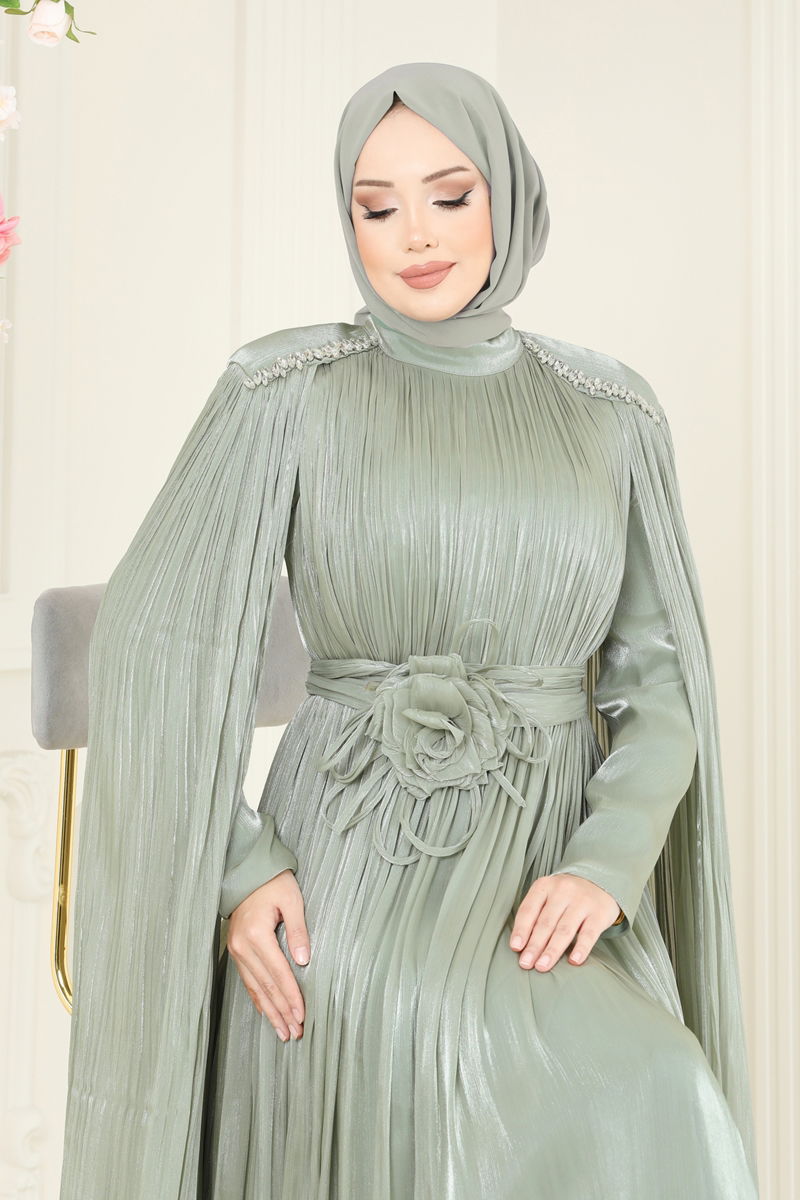 Evening Dress Almond Green Belted Modest Wear