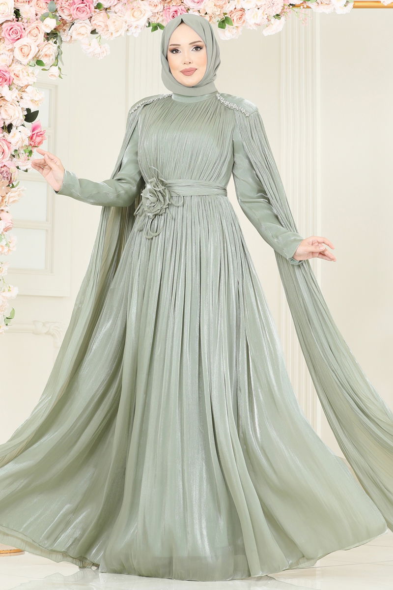 Evening Dress Almond Green Belted Modest Wear