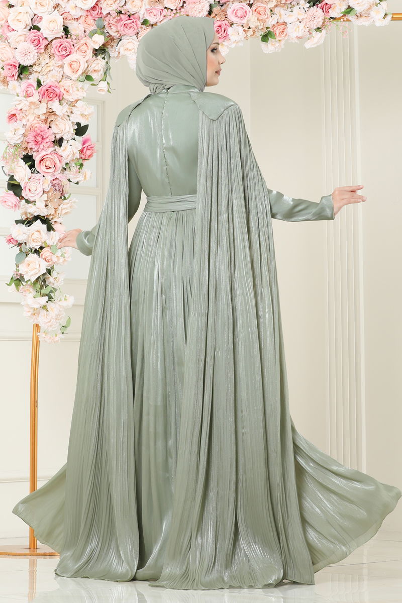 Evening Dress Almond Green Belted Modest Wear