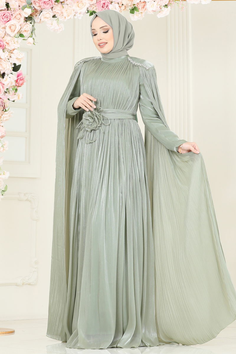 Evening Dress Almond Green Belted Modest Wear