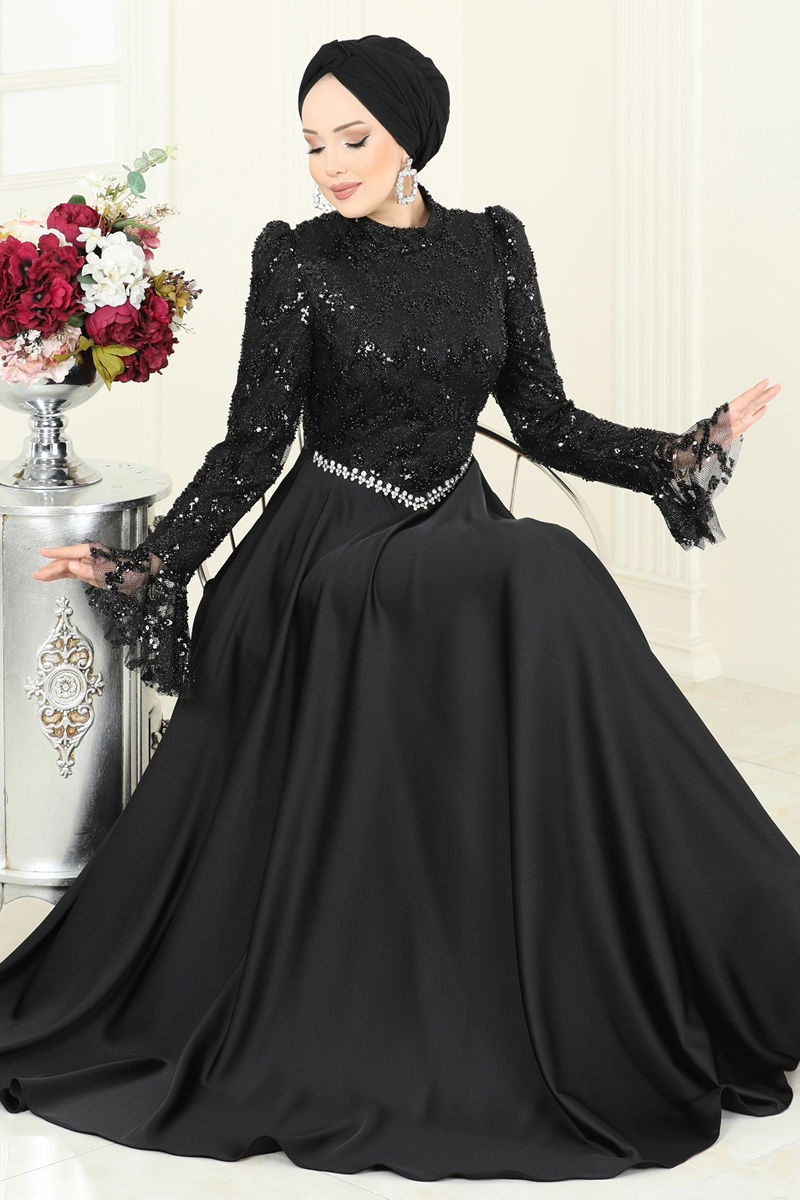 Evening Dress Black Belted Modest Fashion Gown