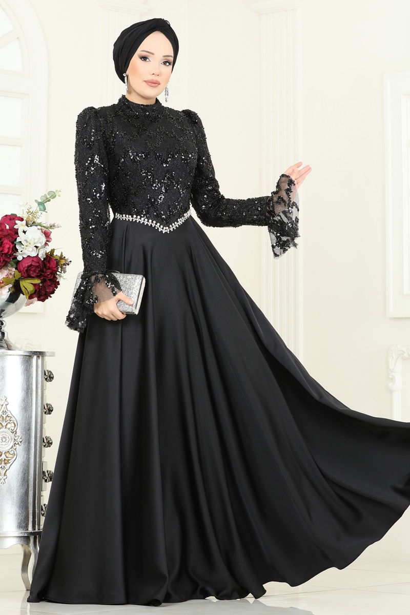 Evening Dress Black Belted Modest Fashion Gown