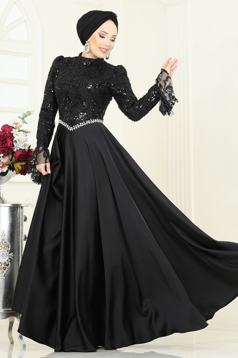 Evening Dress Black Belted Modest Fashion Gown
