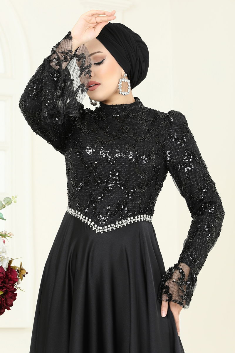 Evening Dress Black Belted Modest Fashion Gown