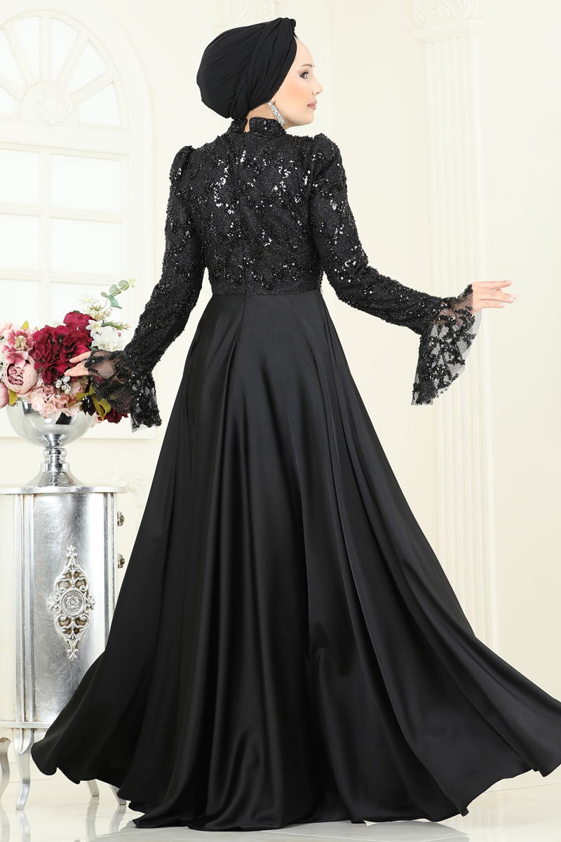 Evening Dress Black Belted Modest Fashion Gown