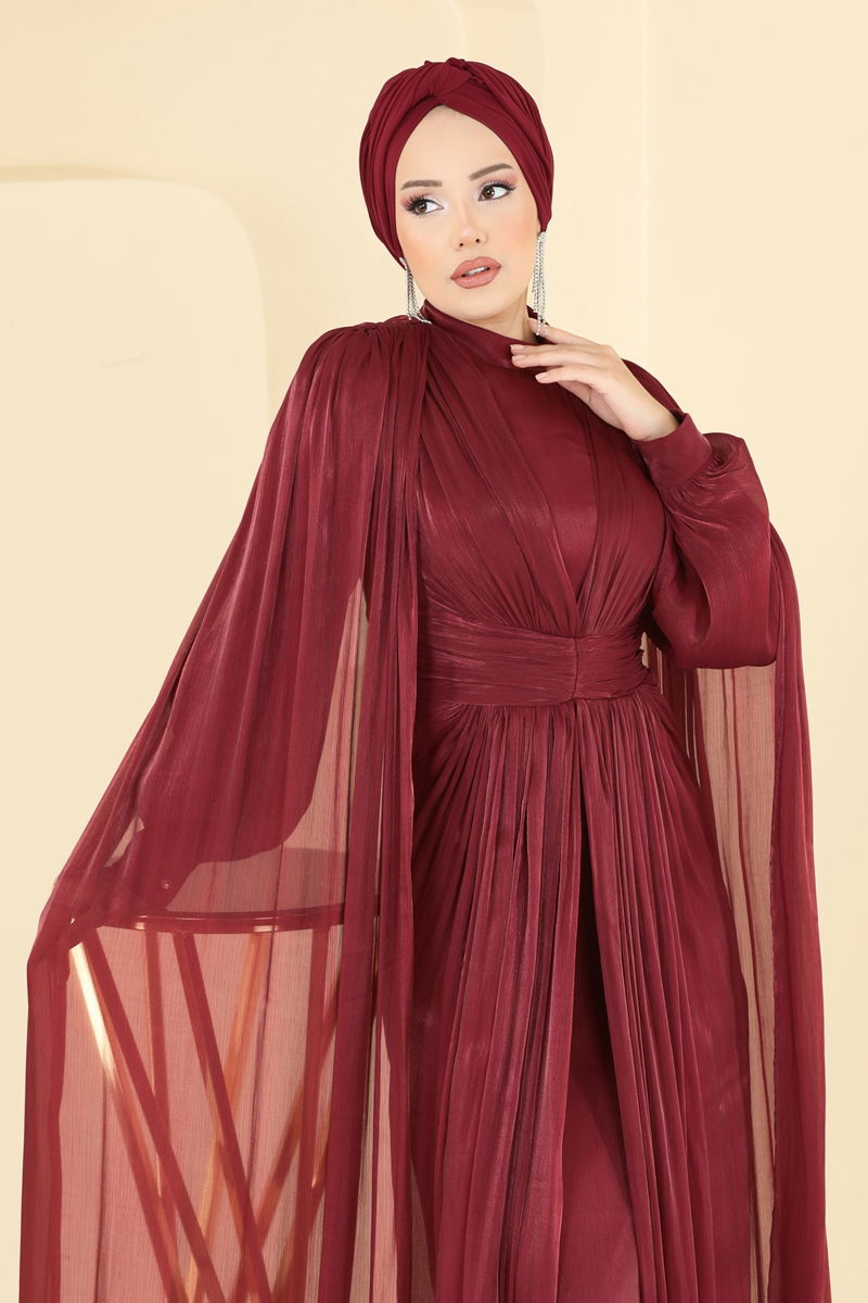 Evening Dress Burgundy Belted Modest Fashion 5447